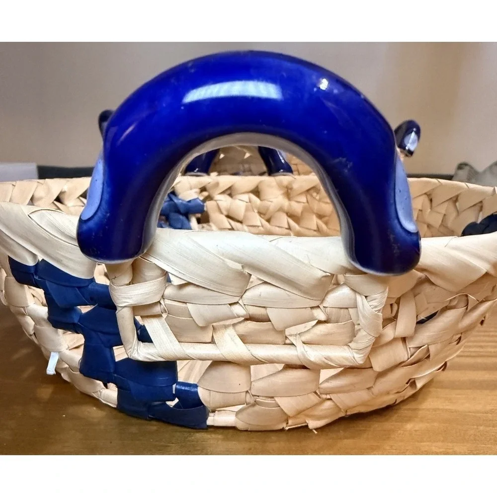Vintage Wicker Bread Baskets Set of 2 Blue Ceramic Handles